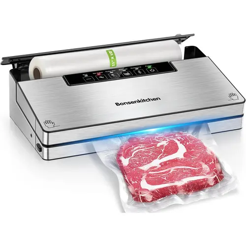 Bonsenkitchen Stainless Steel Kitchen Vacuum Sealer Machine - Powerful Device with 5 Modes, Built-in Cutter, Storage, Globefish Technology for High-Speed Continuous Use, Airtight Seal, Automatic Function, Includes 1 Roll,home essentials