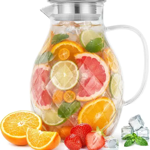PJC-Kitchen Handmade Borosilicate Glass Pitcher - Silicone-Steel Lid with Silicone Ring, Leakproof Spout, Hand Blown Diamond Pattern Carafe for Tea, Fruit, Hot-Cold Drinks, 2L/68oz 3L/100oz Serving Jug with Ice-Bag Filter