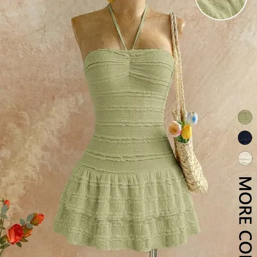 Women's Textured Smocked Halter Mini Dress, Ruched Bust, Multi-Layer Ruffled Tiered Hem, Stretchy Knit, Adjustable Tie Straps, Date Night & Vacation Wear