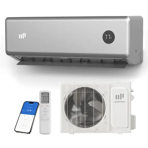 Upstreman 12000 BTU Mini Split AC/Heating System, 115V Silver Mini Split Air Conditioner, 20 SEER2 Ductless Split AC, Energy Efficient Inverter, WiFi Control, with Mounting Bracket, UI12-115G cooling Room Ac Unit Quiet Ac Unit, Wifi Aircon Cooler