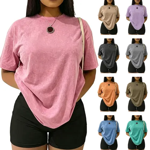 Women’s Vintage Washed T-Shirt, Loose Fit, Versatile Solid Color Short Sleeve Basic Style Casual Womenswear, Tops For Women, Clothes For Women,clothes for back to school,first day of school outfits