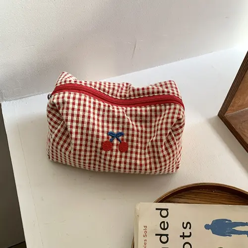 Plaid Cherry Embroidered Makeup Bag, Large Capacity Travel Cosmetic Pouch, Storage Bag, High Aesthetic Appeal