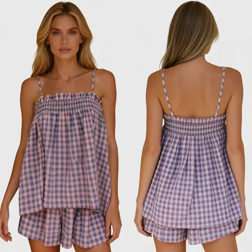 Women's Gingham Plaid Cami Pajama Set, Smocked Spaghetti Strap Camisole & Shorts Loungewear, Casual 2 Piece Sleepwear for Summer Clothes Fashion Light Pants Polyester Sleeveless Suits