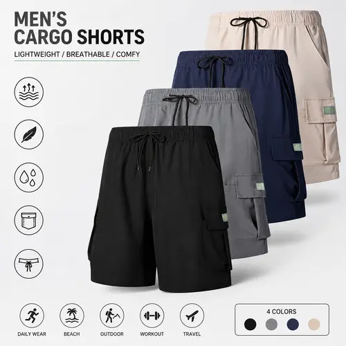 4-Pack Men's Plain Cargo Shorts, Casual Loose-Fit Bermuda Style for Outdoor Wear - Black, Gray, Dark Blue, Khaki - Sizes S, M, 2XL