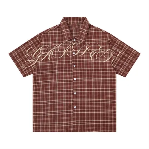 Inflation Plaid Embroidery Open Collar Shirt Men Y2K Oversized Short Sleeve Streetwear Button Up