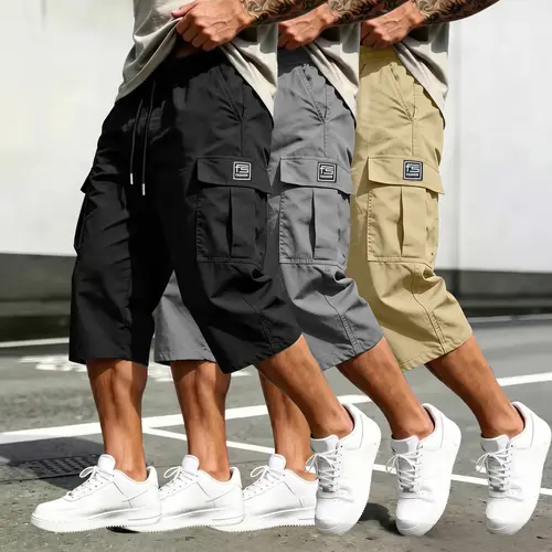 Men's Oversize Cargo Shorts, Plain 3/4 Length Streetwear Capri Pants, Comfortable Baggy Fit Menswear with Multiple Pockets, Loose, Cargo Style Shorts