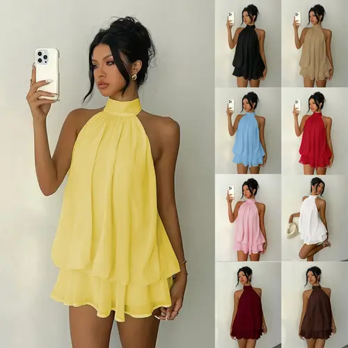 Women's Plus-Size Formal 2-Piece Dress Set - Chic Sleeveless Halter Neck, Backless Waist-Cinching, Puffy Short Skirt Resort-Style Women 2 Piece Set (No Shorts), Woman 2 Piece Set