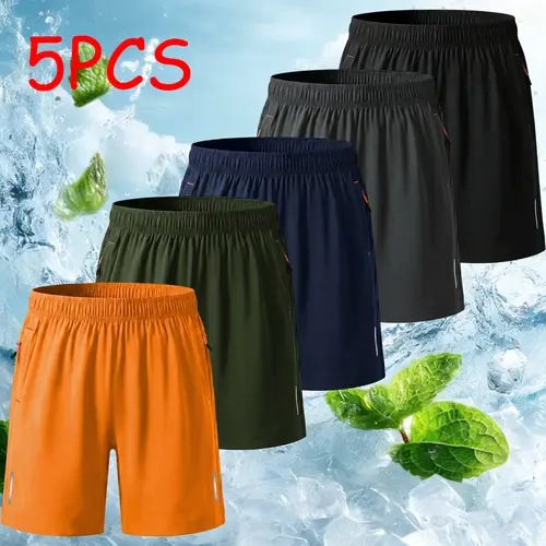 5-Pack Men’s Reflective Stripe Print Casual Athletic Shorts – Breathable summer beach outdoor sports shorts, regular fit, zippered pockets, hand washable, modern casual shorts | Functional pocket design
