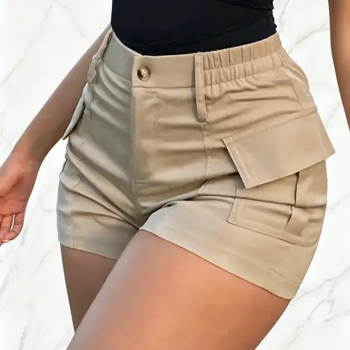 Women's Solid Color Cargo Shorts, Casual Fashion Pocket Design Shorts for Daily Wear, Casual Fashionable Shorts, Ladies Bottoms for Summer.Summervibes
