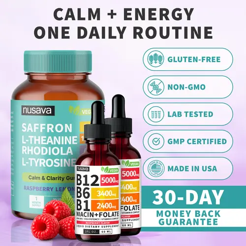 (3-PACK) NUSAVA Calm Energy Stack | Saffron Gummies + B12 Liquid Drops | Daily Mood, Focus & Sustained Energy Support | Saffron Extract, L-Theanine, Rhodiola + B12, B6, Folate | Vegan | Caffeine-Free | 2-Product Bundle