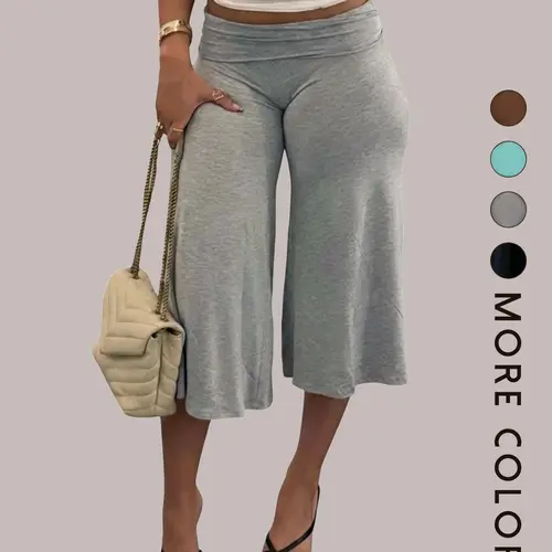 Women's Solid Color Knit Wide Leg Capri Pants, Loose-Fitting Mid Waist Elastic Waist, Casual Over-The-Knee Leisure Pants Bottom
