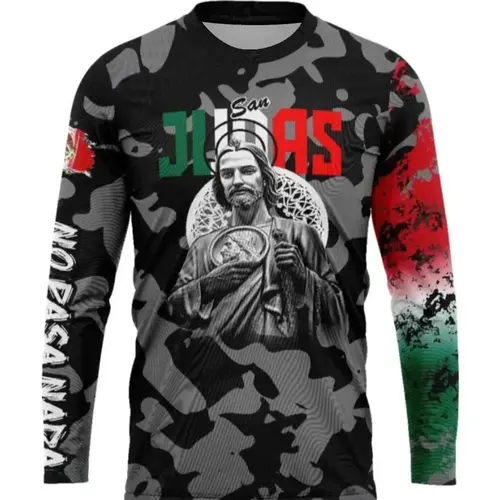 Men's Saint Judas Theme Print Long Sleeve T-Shirt, Mexican Tricolor Camo Casual Sporty Tee, Spring & Fall Fashion Top, Streetwear, Casual Apparel, Menswear