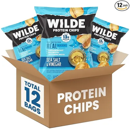 WILDE Protein Chips, High Protein Snacks for Adults, Keto Chips, Gluten Free, Low Carb Snack Box Made with Real Ingredients 1.34oz Bags, Pack of 12, Sea Salt & Vinegar