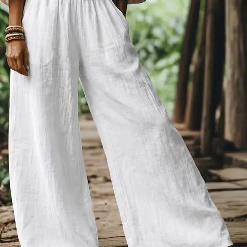 Women's Cotton Linen Wide Leg Pants, Casual Long Pants Trouser for All Seasons, Comfortable Breathable Fabric, Elastic Waist, Pocket Design, Boho Palazzo Pants