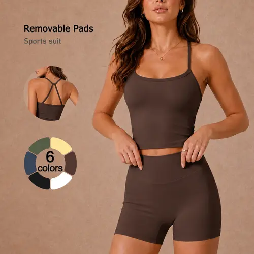 Women's 2 Piece Fitness Set, Women Workout Clothes, Soft Stretch Activewear, Solid Color Sleeveless Spaghetti Strap Cami Top Shorts Breathable Removable Padded Butt Lifting Tummy Control Open Back Yoga Set Gym Running Clothing