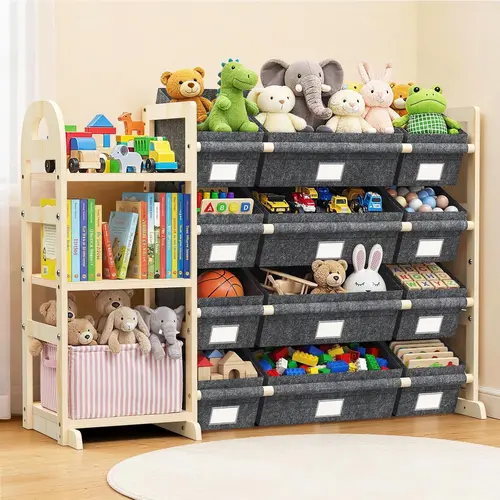 Toy Storage Organizer with 3 Shelves and 12 Bins, Bookshelf/Bookcase, Kids Bin Shelf, Toys Box for Playroom Organization for Bedroom & Room Summer Sale Deals,dorm essentials,home decor