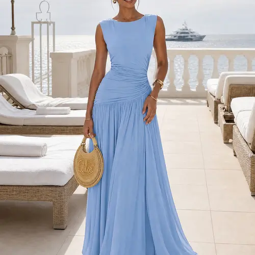 CurvySweet Juliette Women's Chic Sleeveless A-Line Maxi Dress - Backless Ruched Mesh Gown with Tummy Control Tie, Baby Blue Elegant Formal Wedding Guest Gown for Women, Maxi Dress For Women, Elegant Formal Dresses