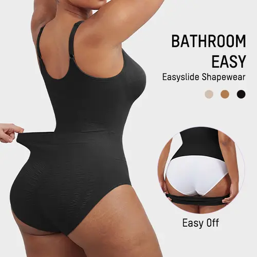SHECURVE Easyslide High-Cut Bathroom Friendly Shapewear Bodysuit for Women Tummy Control & Butt Lift Faja Seamless Thong Shaper with Back Opening Design Deep V Wire-Free Bust Support & Breathable Fabric for Summertime & Back To School Outfits