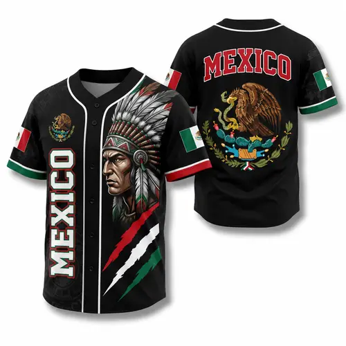 Men's Pearl Weave Vintage Button-Up Baseball Shirt - Mexico-Themed Retro Baseball Style, Mens Jersey Style, Tailored Fitted Stretchable Breathable Quick-Dry Fabric, Aztec Warrior Eagle Flag Print, Multi-Size Wide Range of Sizes (XL, 3X) for Team Events