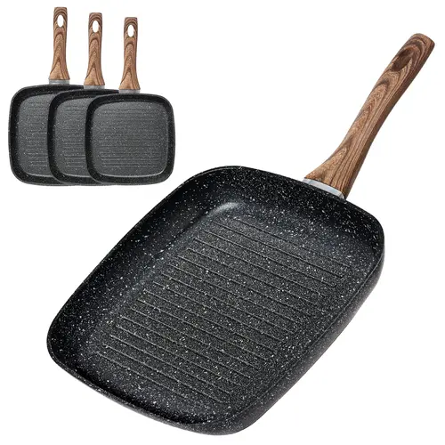 【Back to School】3-Piece Nonstick Grooved Aluminum Square Grill Pan Pots and Pans Set, PFOA-Free Easy-Clean Skillets with Stay-Cool Handles, Compatible with All Stovetops for Indoor & Outdoor RV Camping, Camping Cooking