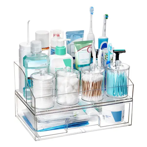 [Live Only] Vtopmart 6-Piece Bathroom Countertop Organizer Set with Anti-Slip Base - 4 Qtip Holder Jars, 1 Drawer, Toothbrush Holder, Bathroom Storage Box for Cotton Pads, Vanity Accessories, Modern Family Use