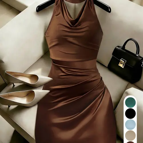 （Nape area feels tight）Burgundy Sleeveless Halter Neck Dress, Short Elegant Knit Glimmer Fabric, Pure Desire Style, Summer New Arrival, Date