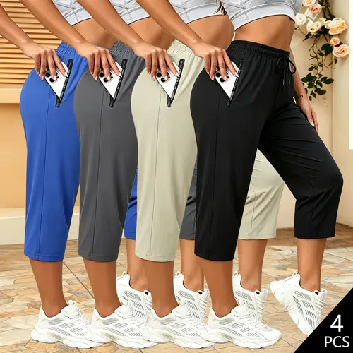 4-Pack Women’s Casual Versatile 7/8 Shorts — Drawstring Waist, Zipper Pockets on Both Sides; Summer Solid Color Shorts with Breathable, Comfortable Fabric—Ideal for Daily Commuting, Outdoor Activities, Dates, and More; Perfect Short Shorts Choice for Summ