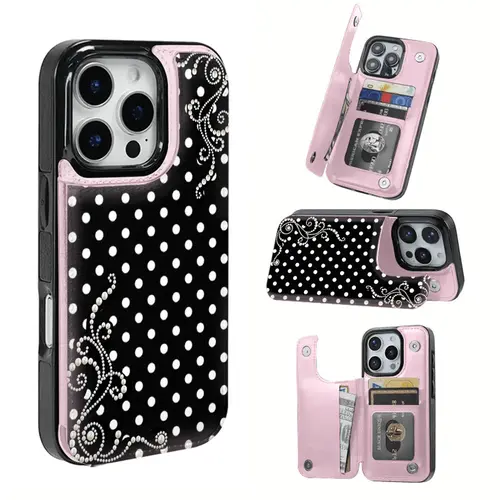 2D image Pearl Polka Dot Dream Patterned Card Holder Leather Case Is Compatible With IPhone 17 Pro Max/Air/16/15/14/13/12/11.For Samsung S22/S23/S24/25. It's An Ideal Gift For Christmas, Valentine's Day, And New Year's, Perfect For Boyfriends,