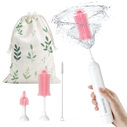 SEANCHEER S02 Electric Bottle Cleaning Kit - Non-Toxic Silicone Head Multi-Brushes, AA Battery-Powered, IPX7 Waterproof, Portable for Home & Travel (Baby Items)