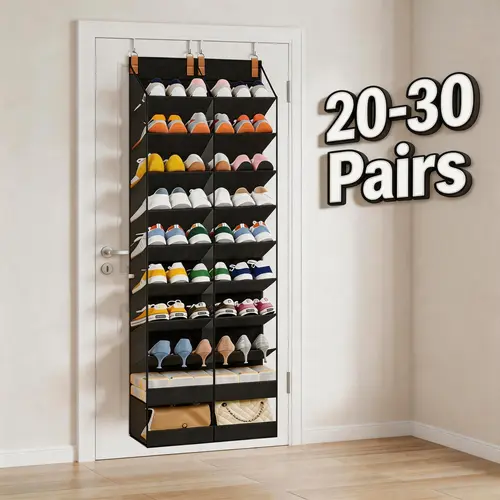 Tall Clear Side Door Shoe Rack Organizer, 20-30 Pairs, 10-Tier 20 Deep Pockets, Hanging Shoe Storage for Closet, Door Shoes Rack, Handing Shoes Holder Fit All the Family's Sneakers, Boots, Heels, Space Saving, Door Hanging Shoe Organizer, Extra Stuff