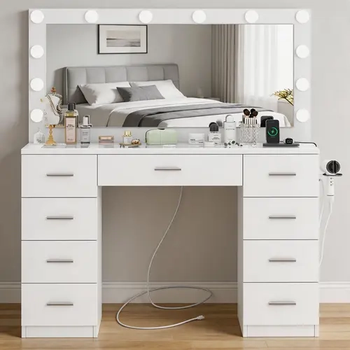 Vanity desk with Large Mirror and LED Lights, Vanity Table with 7 Drawers & Transparent Desktop, Makeup Vanity Desk with Charging Station for Women, Girls, 3 Lighting Color Adjustable, White,dorm essentials,home decor