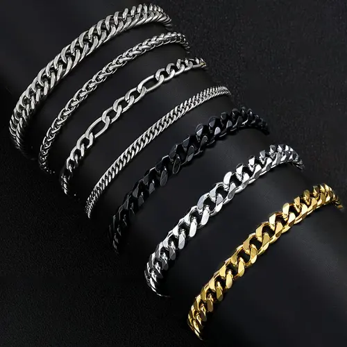 Men's 7-Piece Stainless Steel Link Bracelet Set, Bracelet Jewelry, Fashion Bracelet Bundle, Streetwear Hip-Hop Simple Cuban Chain, Ideal Gift for Boyfriend & Son, Perfect for Daily, Party, Birthday and Father's Day