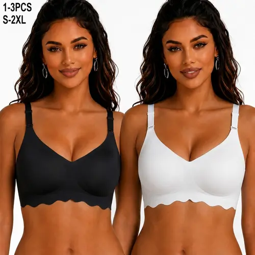 1/2/3-Pack Women's Wireless Jelly Bras – Seamless Deep V Bralettes with Scalloped Edge, Soft Everyday T-Shirt Bras, S–2XL