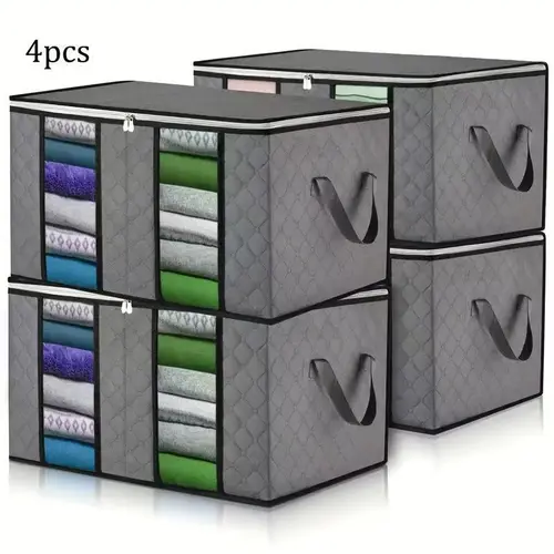 4-Pack Large Clothes Organiser Storage Bags with Visible Window, Quick Grab Handle, Thick Fabric Organizer Storage Boxes for Blankets, Comforters, Bedding (See Items at Glance), Closet Space Saver