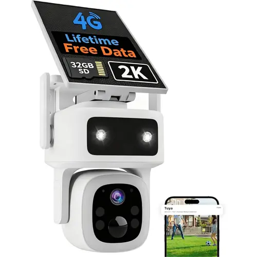 4G LTE Solar Cellular Security Camera Outdoor Wireless, Lifetime Free Data&No Monthly Fee, No WiFi, 360° PTZ, 2K Night Vision, Human Tracking, PIR, 2-Way Audio, 32GB TF Card, IP66 Waterproof