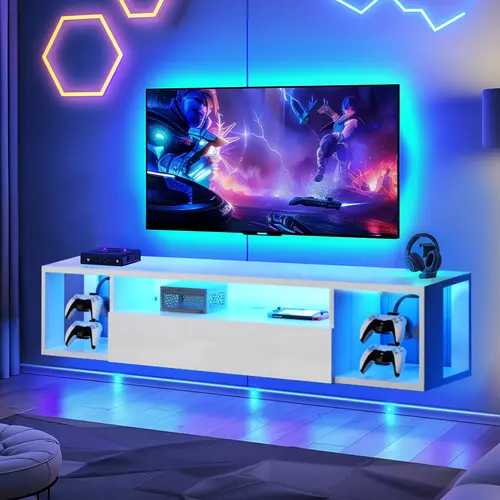 Nicole Selection Wall Mounted Modern TV Stand - 140cm High Gloss White & Acrylic Floating Television Console Table, LED Light, Hidden Storage TV Cabinet Table for Living Room