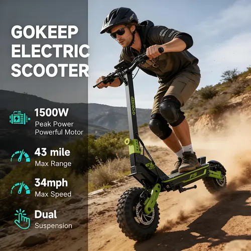 Electric Scooter, 1500W Peak Power Adult Foldable Scooter, Top Speed 34mph, 52V/20ah Battery, Up to 43 Mile Range, 11 Inch Off-Road Fat Tires, Max Load 264lbs, IPX5 Waterproof, Quick Fold for Commuting & Off-Road