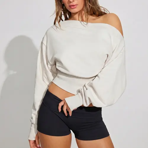 Fisoew Womens Off the Shoulder Sweatshirt Cinched Waist Crop Tops Oversized Long Sleeve Pullover Workout Shirts