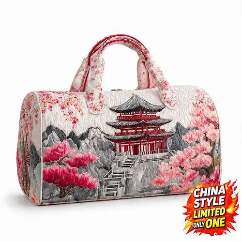 Women's Large Capacity Quilted Cherry Blossom Travel Bag, Stylish Weekender Duffle Bag, Multi-Use for Travel, Gym & Daily Use