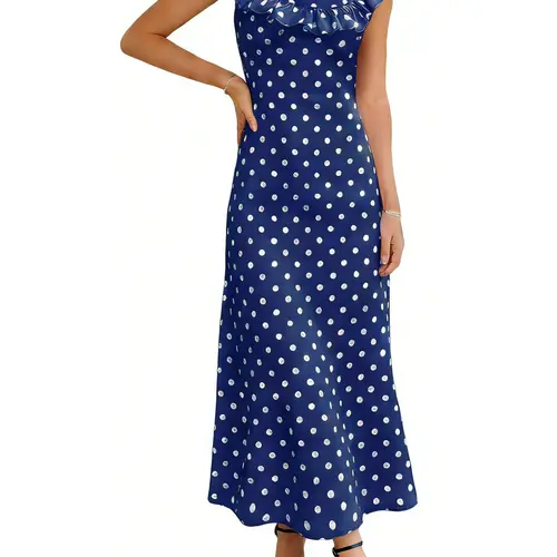 Yousify Women's Off-Shoulder Polka Dot Maxi Dress - Casual Flattering Sleeveless, Elegant Slim-Fit, Backless Flowy Long Dress for Summer & Vacation, Casual Wear, Polka Dot Dress