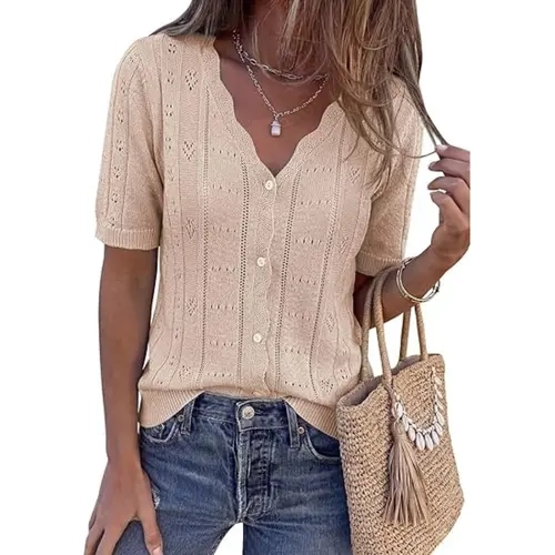 PRETTYGARDEN Womens Short Sleeve Crochet Knit Sweater Summer Fashion Button Down Lightweight Cardigans Summer Tops