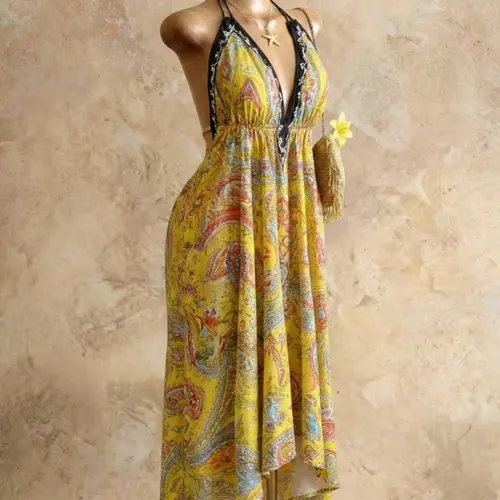 Women's Summer Boho Print Halter Long Dress, Deep V Backless Waist Cinch Sexy Dress, Perfect for Beach Vacation, Date, Daily Wear, Hiking, Boho Printed Dress
