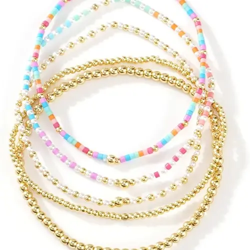 SHINUS BOHO Women's 14K Gold-Plated Stretch Beaded Bracelet Stack Set, Boho Colorful Bead Ball Friendship Jewelry for Summer Trends, Stackable Bracelets, Bracelet Stacking