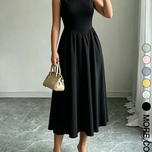 Women's Minimalist Basic Casual Solid Plain Round Neck Sleeveless Dress with Pockets, Slim-Fitting Fashionable Everyday Wear, Comfortable and Stylish