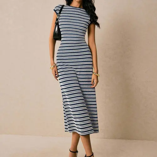 Elegant Women's Summer Dress, Casual Comfy Chic Office Wear, Striped Knit Jacquard Fabric, Waist Cinch Round Neck Short Sleeve Long Dress