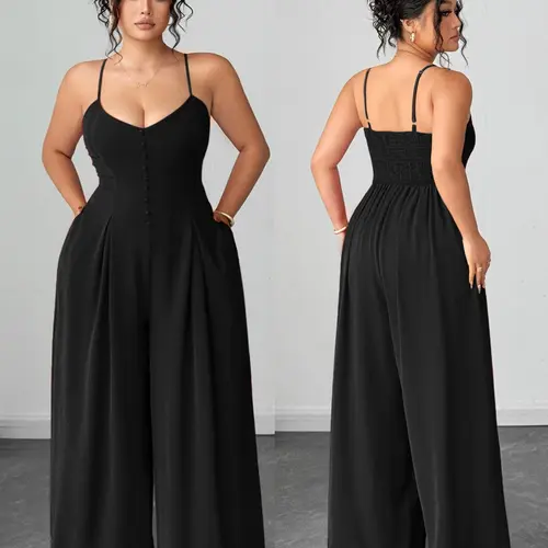Elegant Buttoned Waist Strap Jumpsuit for Women with Pockets, Casual Fitted Design, Solid Color, Chic Wide-Leg Style, Elegance, Perfect for Spring & Summer