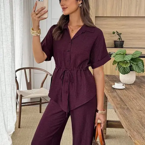 Summer Casual Women's Solid Color Texture Fabric Adjustable Drawstring Waist Short Sleeve Shirt and Pants Two-Piece Set, Summer Matching Sets, Comfortable and Stylish Outfit
