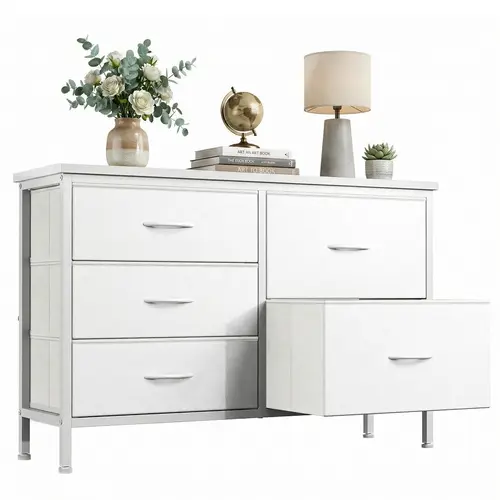 Sweetcrispy 5-Drawer Steel Frame White Fabric Dresser for Bedroom - Indoor Cupboards & Cabinets with Metal Frame, Bedroom Decor, Room Storage, Apartment Furniture for Small Spaces (Living Room TV Stand Organizer)