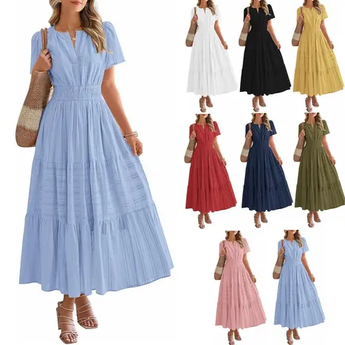 Women's V-neck pleated bubble sleeves large pendulum short-sleeved dress Summer Womenswear