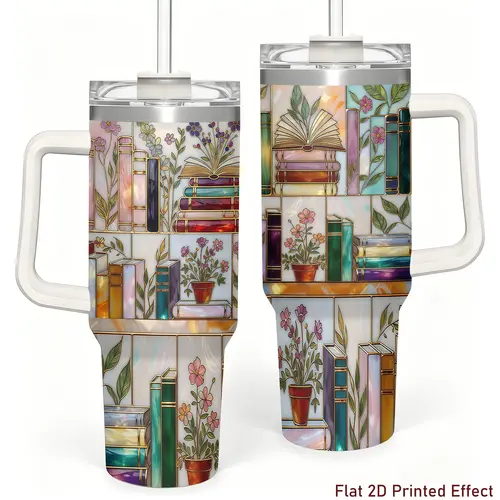 Stained-Glass Book Design 40oz Tumbler,Flat 2D Printed Floral Bookshelf Tumbler, Book Lover Gift, Bookish Cup, Library Cup, Tea Cup, Coffee Mug, Gift for Friends, Kitchen Drinkware, Dealsforyou, Summerwins
